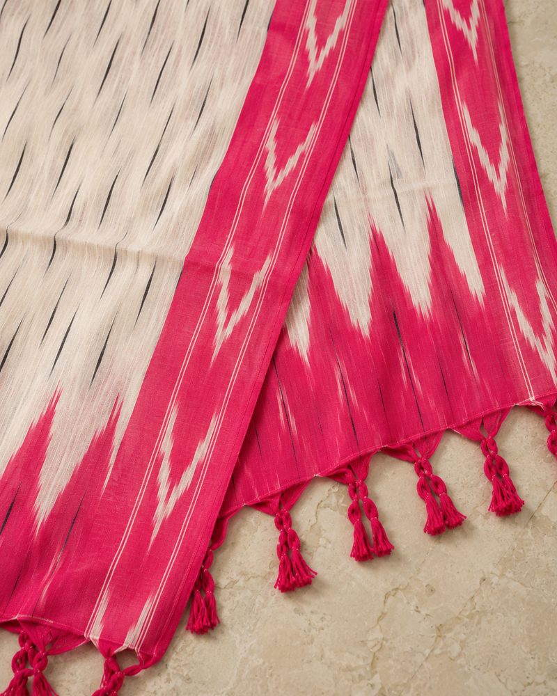 Rani Pink Ikat Cotton Unstitched Suit Set with Contrast Dupatta