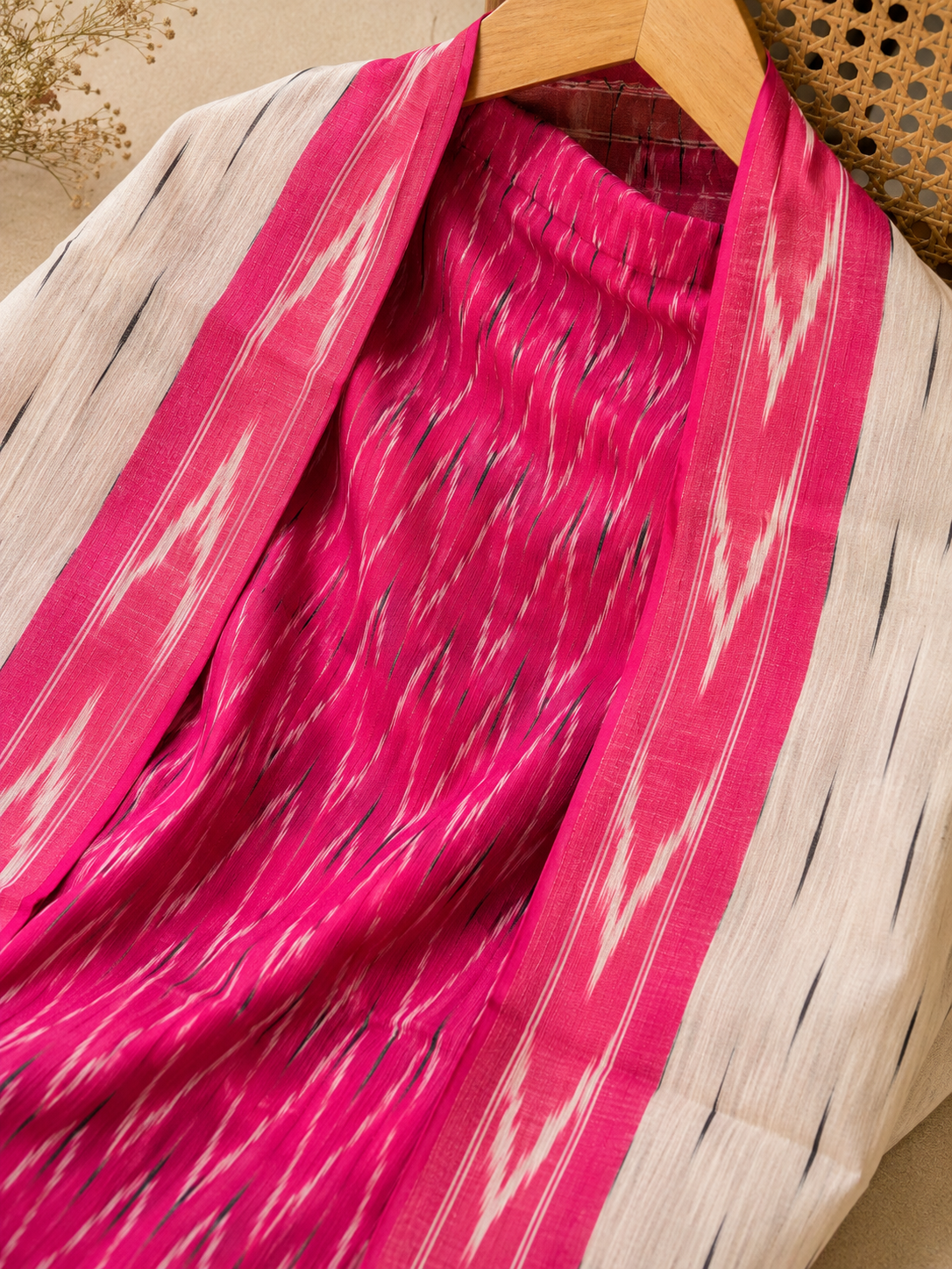 Rani Pink Ikat Cotton Unstitched Suit Set with Contrast Dupatta