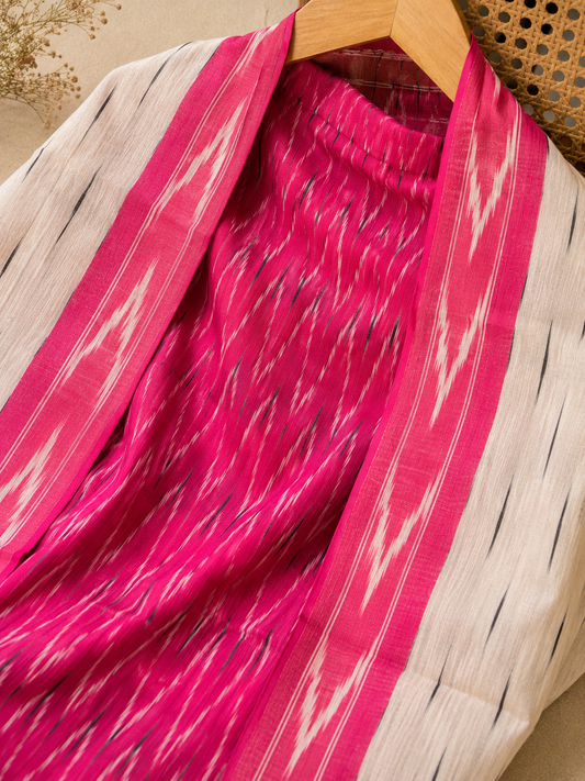 Rani Pink Ikat Cotton Unstitched Suit Set with Contrast Dupatta