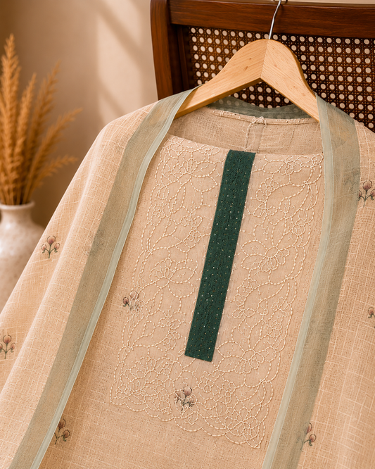 Woodland Whisper Beige Linen Blend Unstitched Suit Set