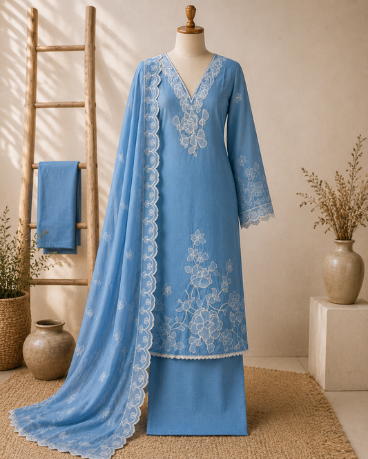 Steel Blue Chikankari Suit Fabric