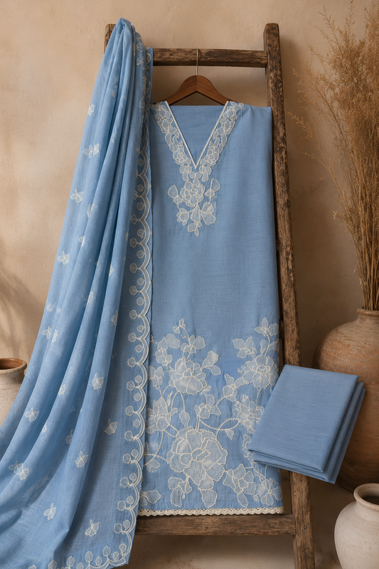 Steel Blue Chikankari Suit Fabric