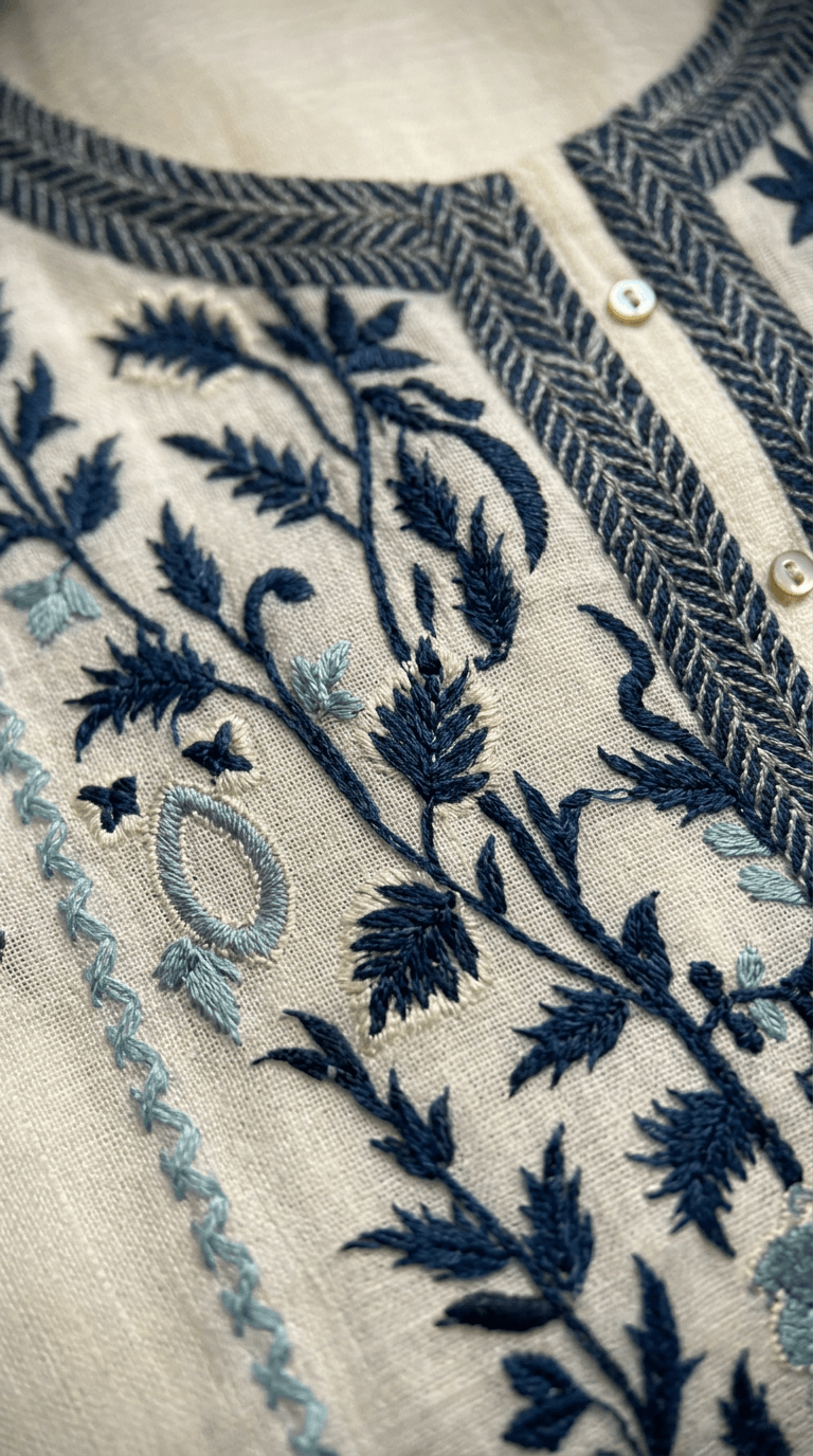 Elegant White & Blue Embroidered Cotton Suit Set with Dupatta