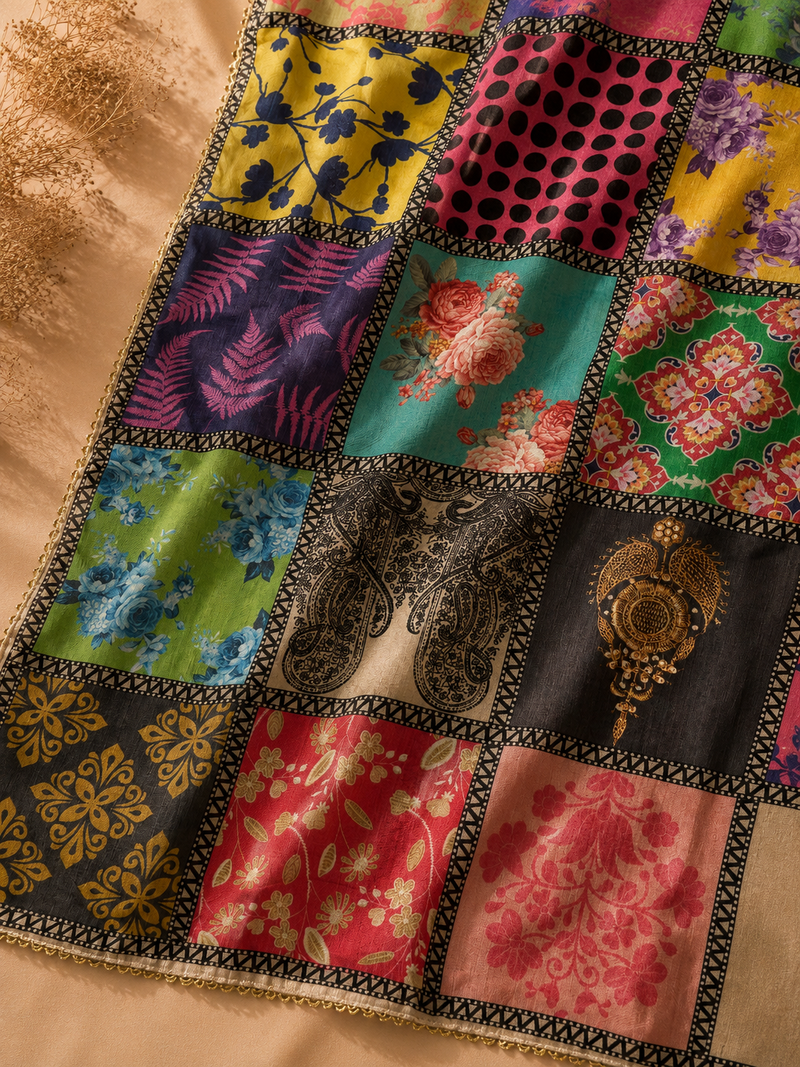 Ivory Tissue Shimmer Suit Set with Patchwork Printed Dupatta
