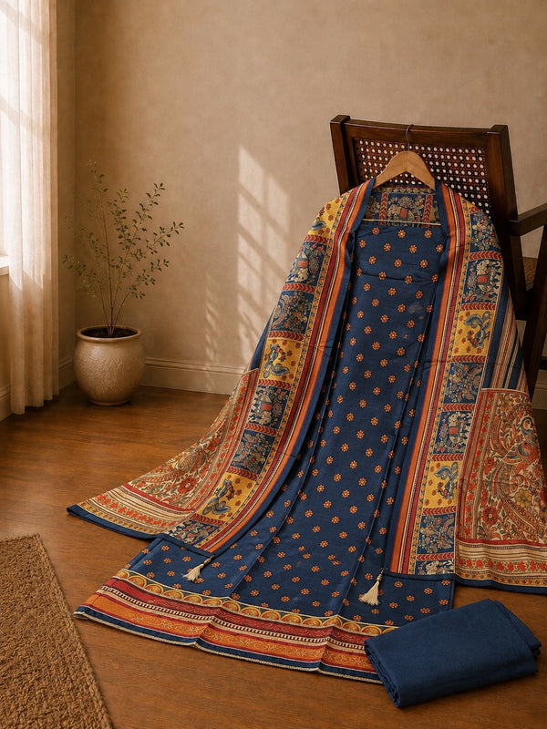 Navy Blue Rajwada Silk Suit Set with Heritage Printed Dupatta