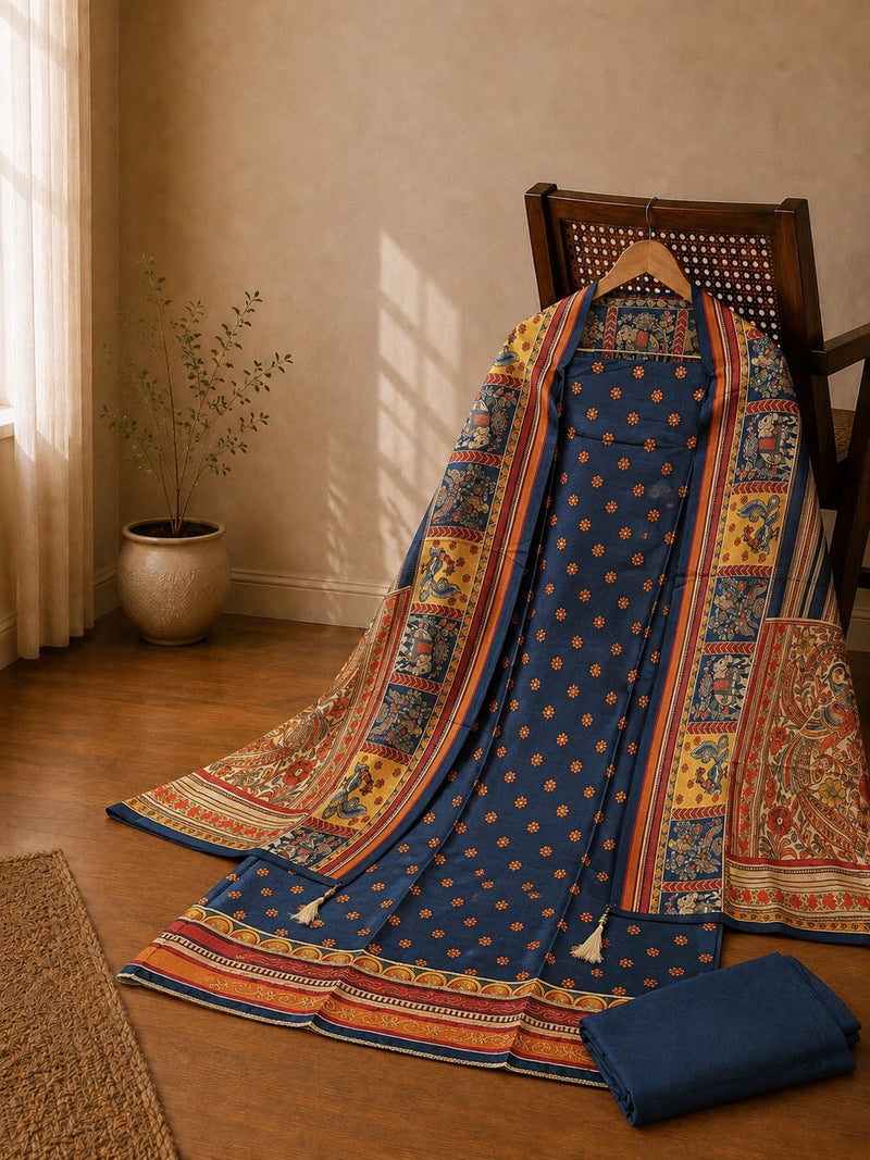 Navy Blue Rajwada Silk Suit Set with Heritage Printed Dupatta