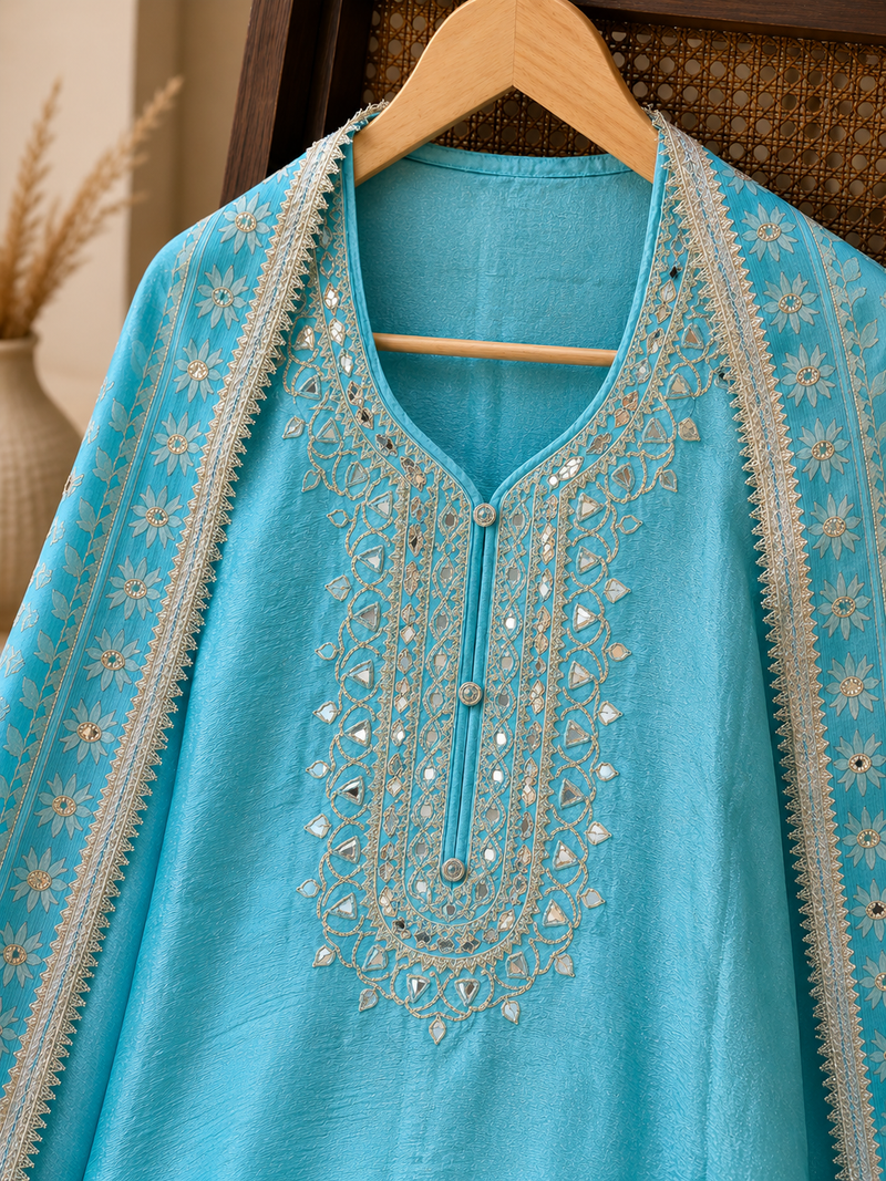Aqua Blue Tissue Shimmer Suit Set