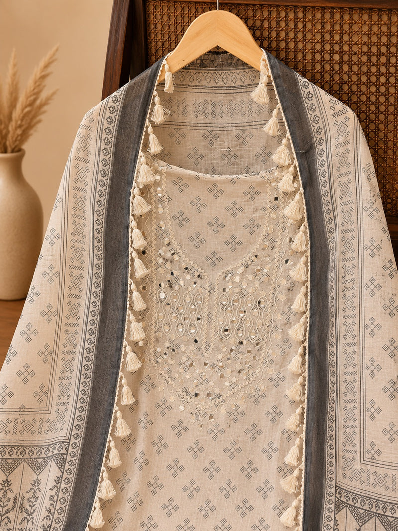 White Linen Mirror Work Suit Set with Printed Dupatta