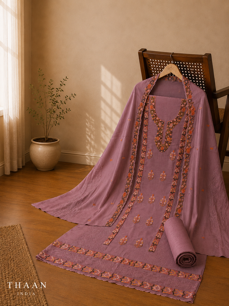 Mauve Meadow Mul Crush Unstitched Suit Set with Embroidered Dupatta