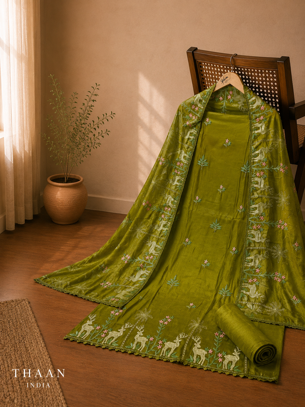Olive Green Roman Silk Suit Set with Nature-Inspired Embroidery