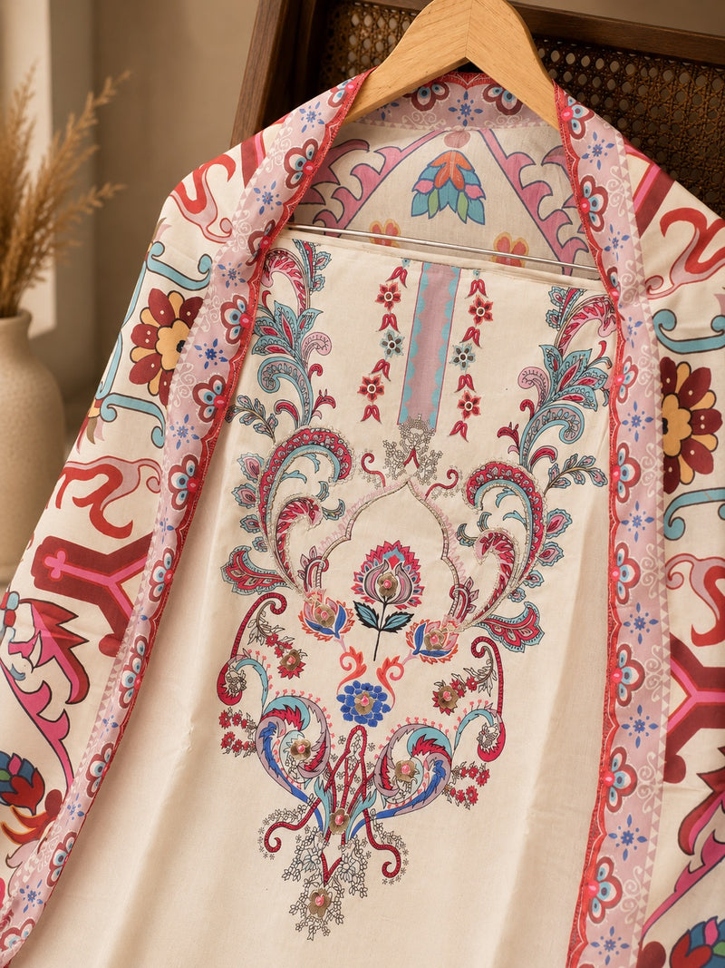 Ivory Floral Printed Suit Set with Premium Digital Print Dupatta