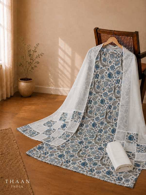 Ivory & Blue Pure Cotton Suit Set with Floral Handblock-Inspired Print