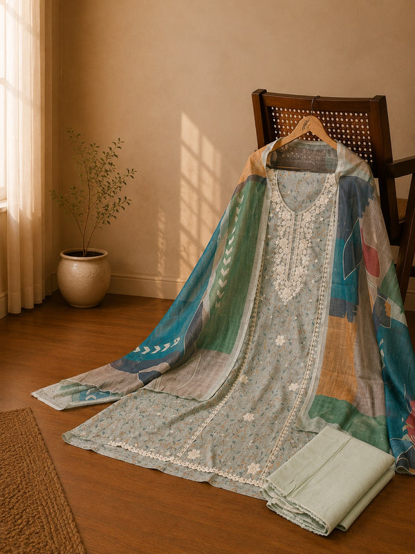 Sage Green Floral Cotton Suit Set with Printed Dupatta