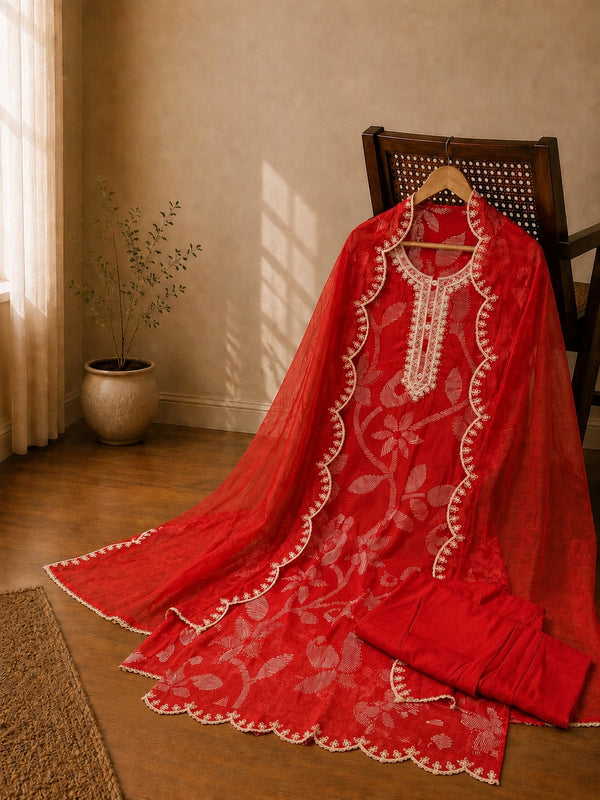 Ruby Red Self-Woven Tissue Jacquard Suit Set with Lace Detailed Dupatta