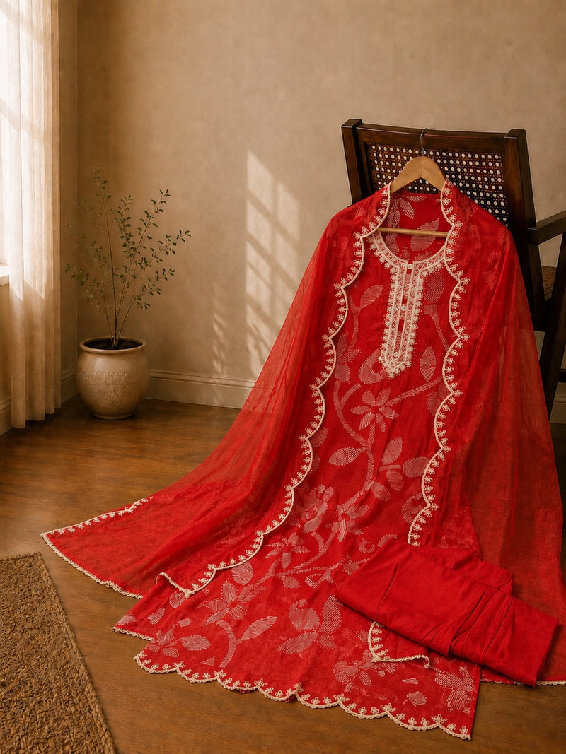 Ruby Red Self-Woven Tissue Jacquard Suit Set with Lace Detailed Dupatta