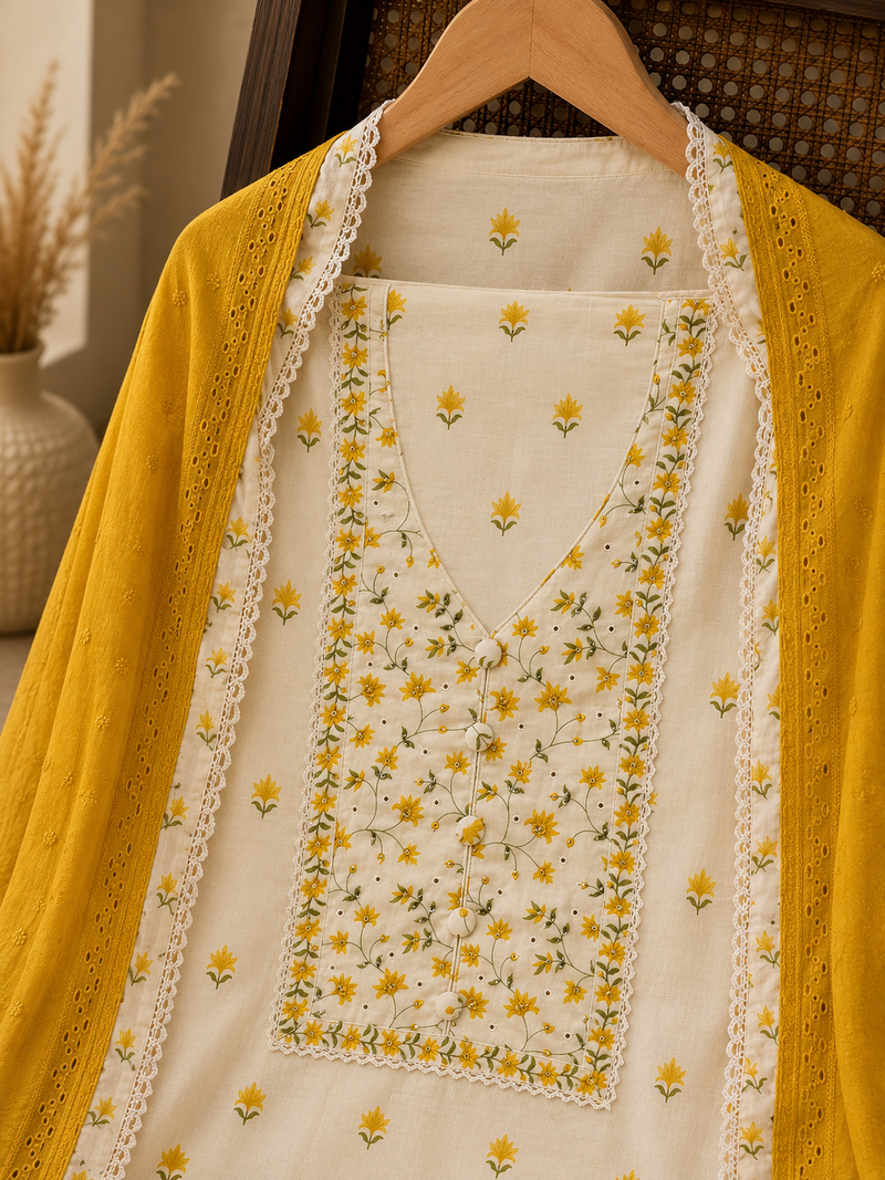 Sunshine Yellow Mul Cotton Suit Set with Floral Elegance