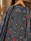 Navy Blue Floral Cotton Suit Set with Printed Dupatta