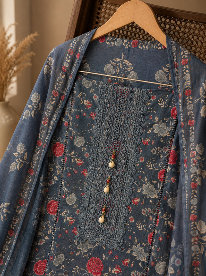 Navy Blue Floral Cotton Suit Set with Printed Dupatta