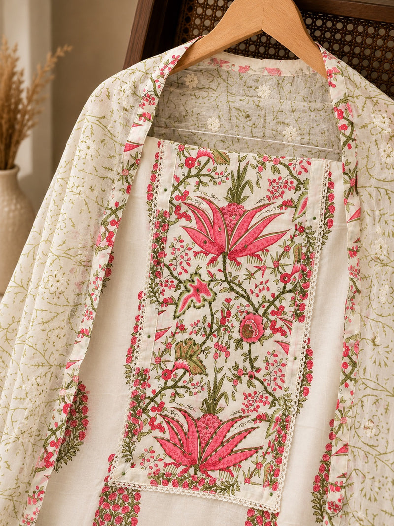 Ivory Floral Cotton Suit Set with Printed Dupatta