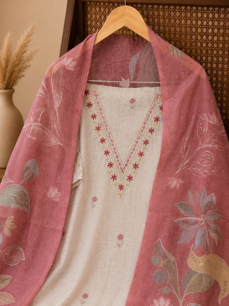 Blush Pink Pure Jamdani Suit Set with Floral Printed Dupatta