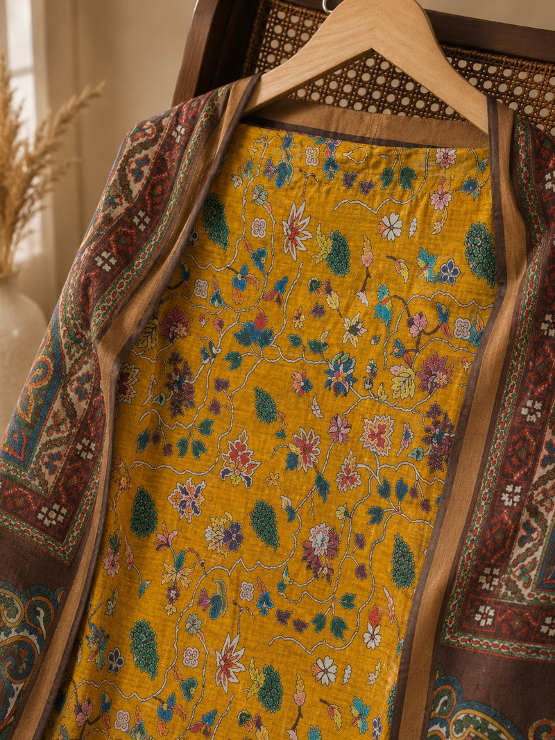 Premium Mustard Floral Printed Dress Material with Paisley Printed Dupatta | Unstitched Suit Set