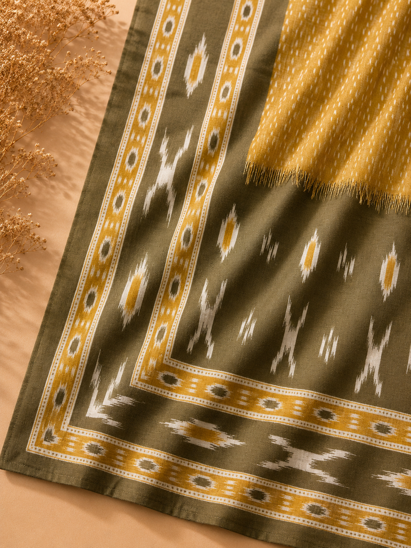 Mustard & Olive Pure Cotton Suit Set with Ikat-Inspired Print