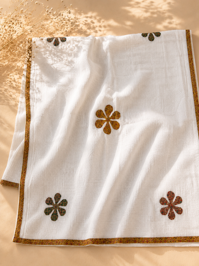 Ivory Pure Cotton Suit Set with Ajrakh Neckline & Textured Dupatta