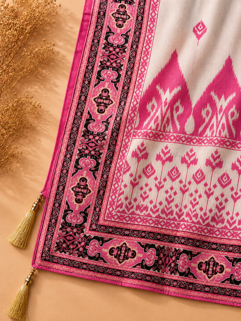 Ivory Muslin Suit Set with Ikat-Inspired Dupatta & Mirror Work