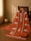 Rust Cotton Embroidered Suit Set with Embroidered Kota Doria Dupatta