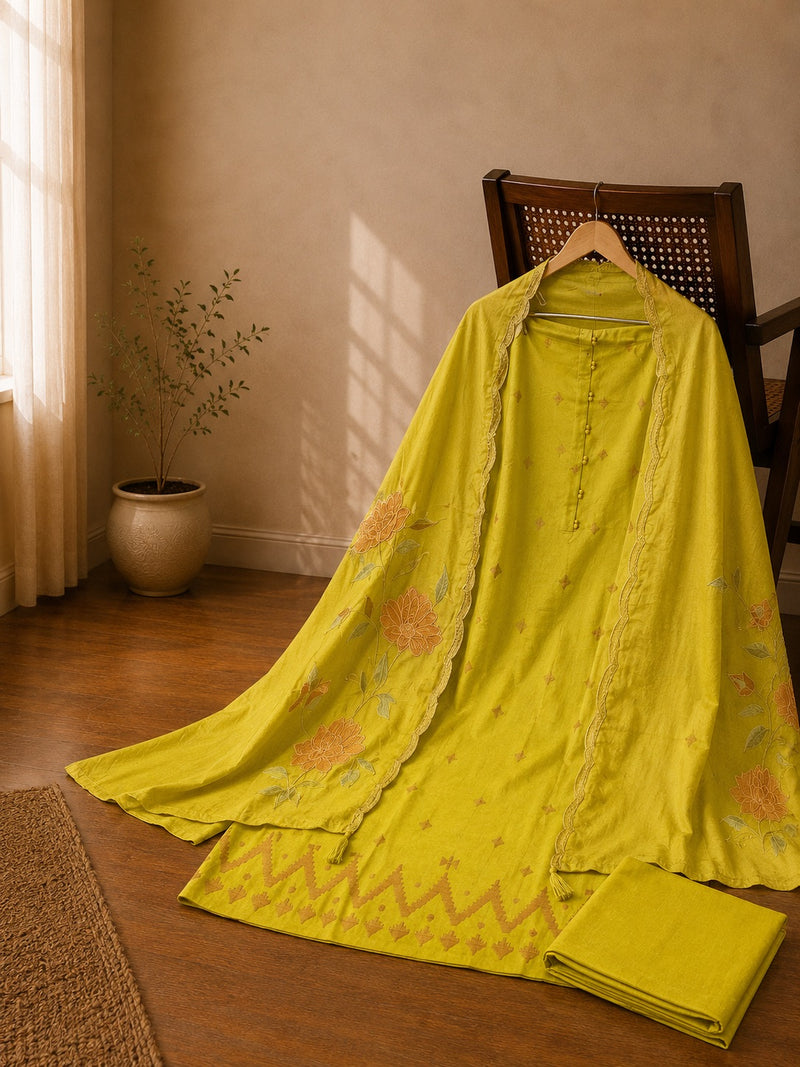 Lime Green Pure Ikkat Handloom Cotton Suit Set with Embroidered Cotton Dupatta