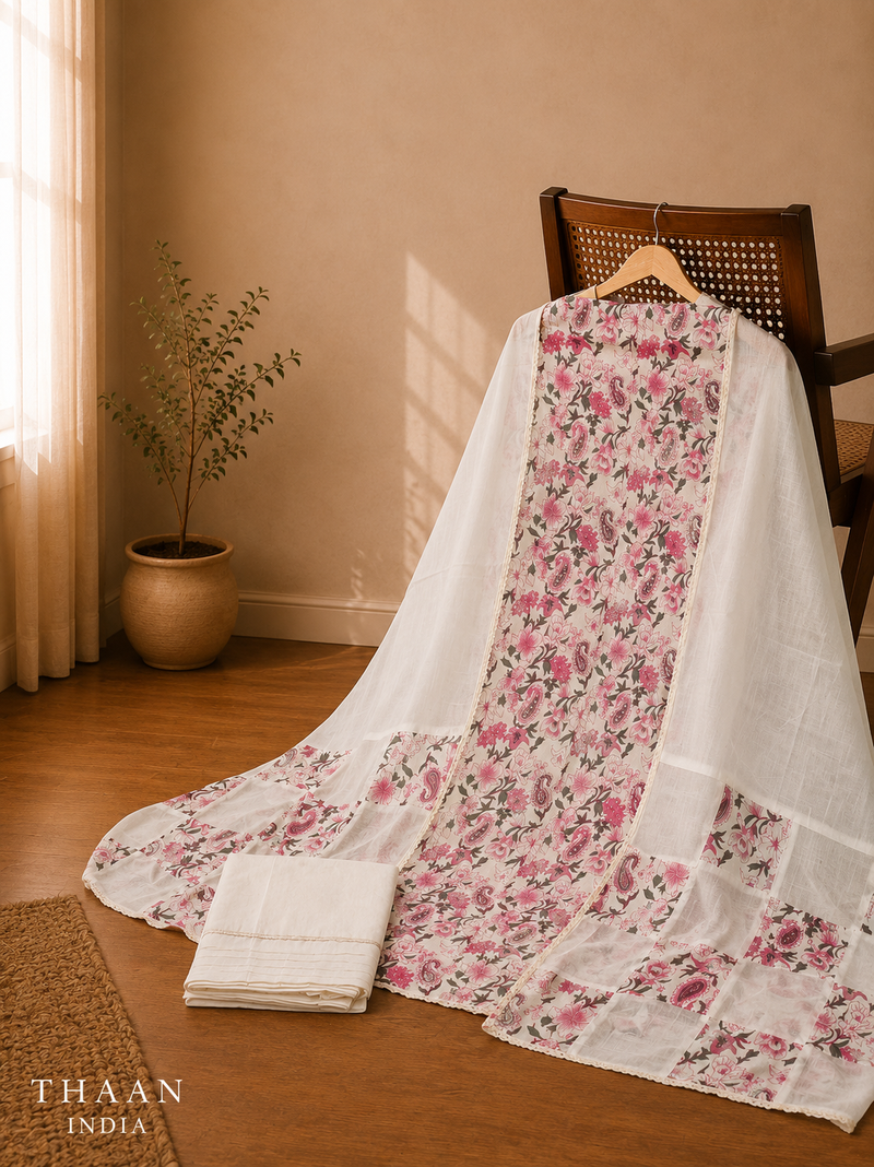 Ivory & Blush Pink Pure Cotton Suit Set with Floral Paisley Print