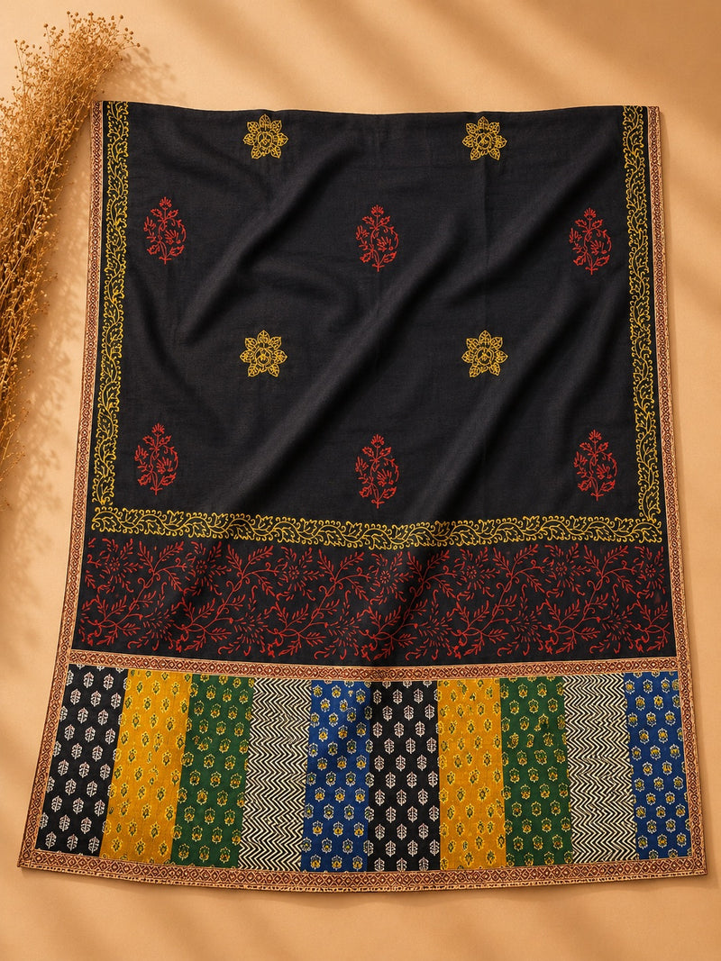Ivory Linen Cotton Suit Set with Multicolor Embroidered Yoke & Printed Dupatta