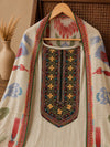 Ivory Linen Cotton Suit Set with Multicolor Embroidered Yoke & Printed Dupatta
