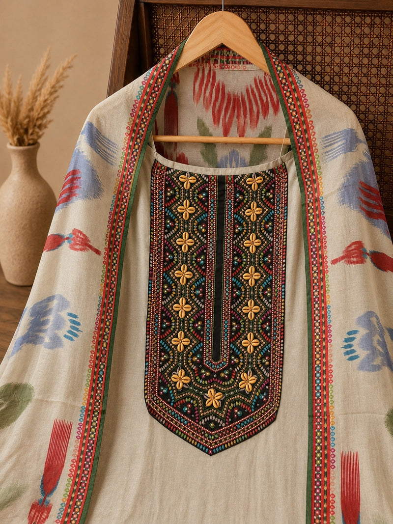 Ivory Linen Cotton Suit Set with Multicolor Embroidered Yoke & Printed Dupatta