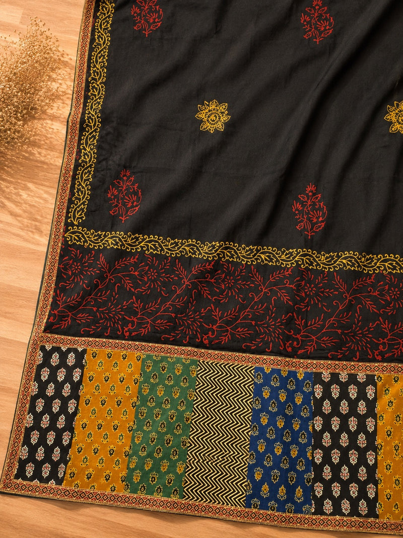 Ivory Linen Cotton Suit Set with Multicolor Embroidered Yoke & Printed Dupatta