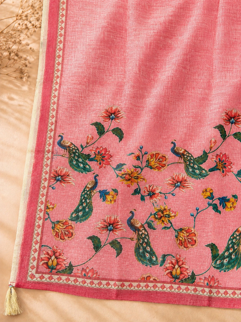 Peach Kota Banarasi Booti Suit Set with Peacock Printed Dupatta