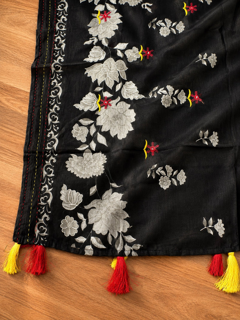 Black Floral Cotton Suit Set with Embroidered Dupatta